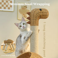 Thumbnail for Cat scratching KittyNook Cat Co.’s Dinosaur Cat Tree Tower with rattan condo, 4-legged base, on beige background.
