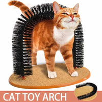 Thumbnail for An orange cat rubs on the 3-in-1 Cat Self-Grooming Arch Toy by KittyNook Cat Co. with a tan fur-removing base.