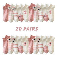 Thumbnail for Twenty pairs of Sweet Kitty Pink Short Tube Socks by KittyNook Cat Co. in stripes, polka dots, and cute faces.