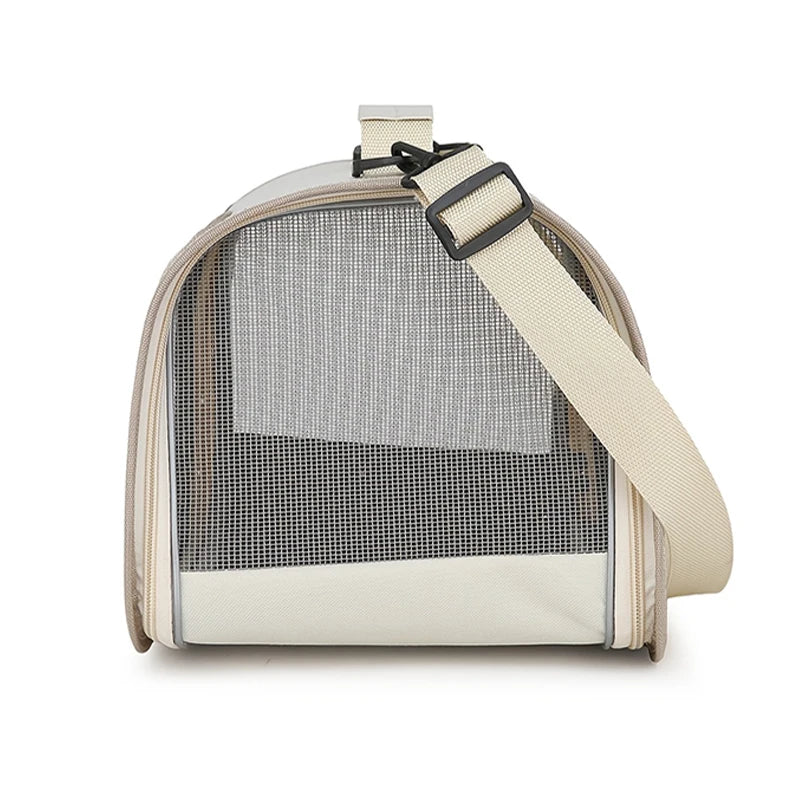 KittyNook Cat Co. Portable Pet Carrier Bag: beige/white, mesh front, adjustable strap for comfy pet travel.