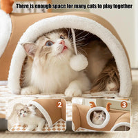 Thumbnail for A fluffy cat lounges in a KittyNook Cat Co. Winter Warm Plush Tunnel Cat Bed, shown from multiple angles in inset images.