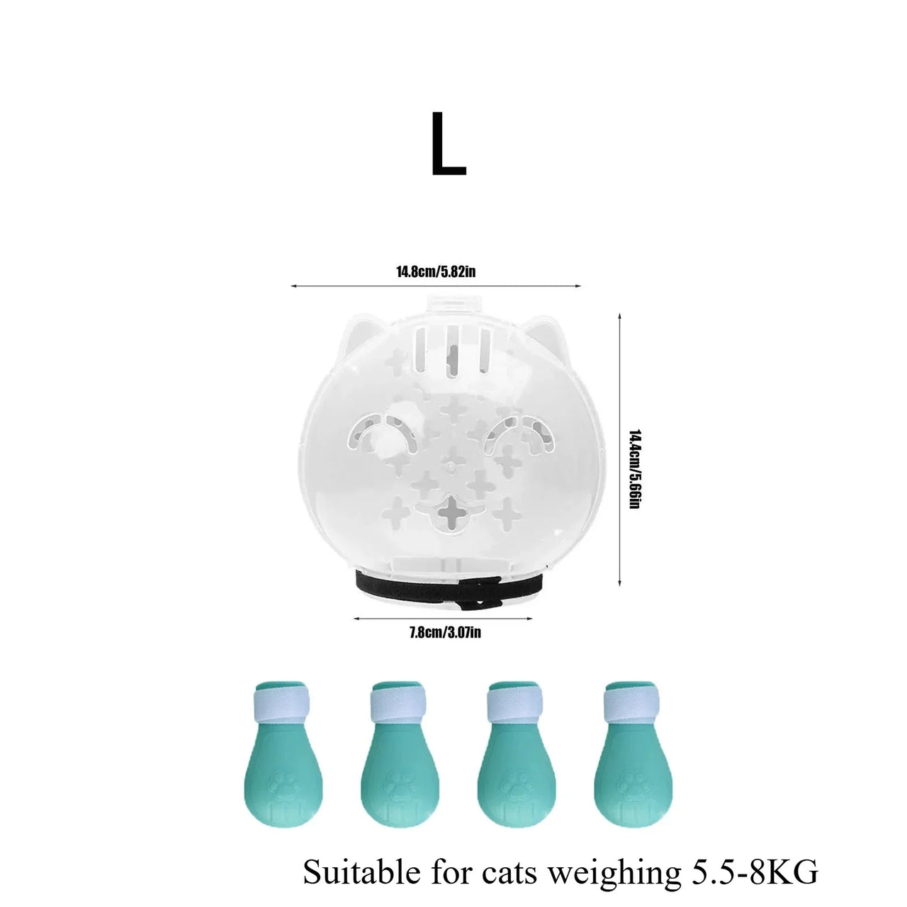 KittyNook Cat Co. Calm Cat Transparent Protective Visor & 4 teal paw protectors for cats 5.5-8kg; perfect for grooming.