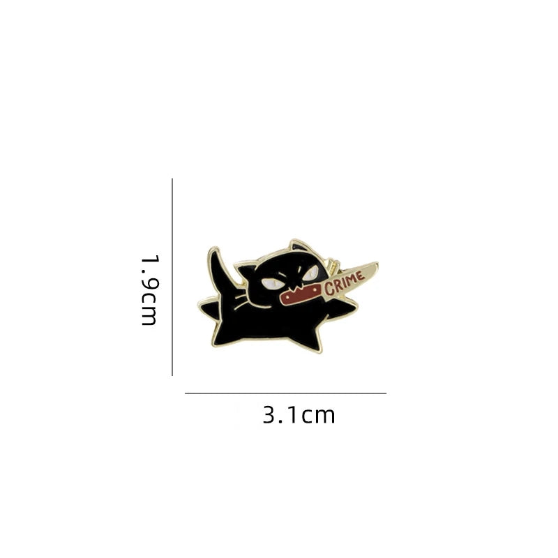 Cute Black Cat Enamel Brooch by KittyNook Cat Co., 3.1x1.9cm, cartoon cat with a "CRIME" knife.