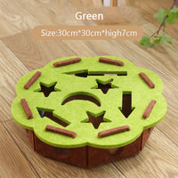 Thumbnail for The Ultimate Puzzle Box Toy by KittyNook Cat Co.—30x30x7 cm green felt with cutouts, shown on a wooden floor.