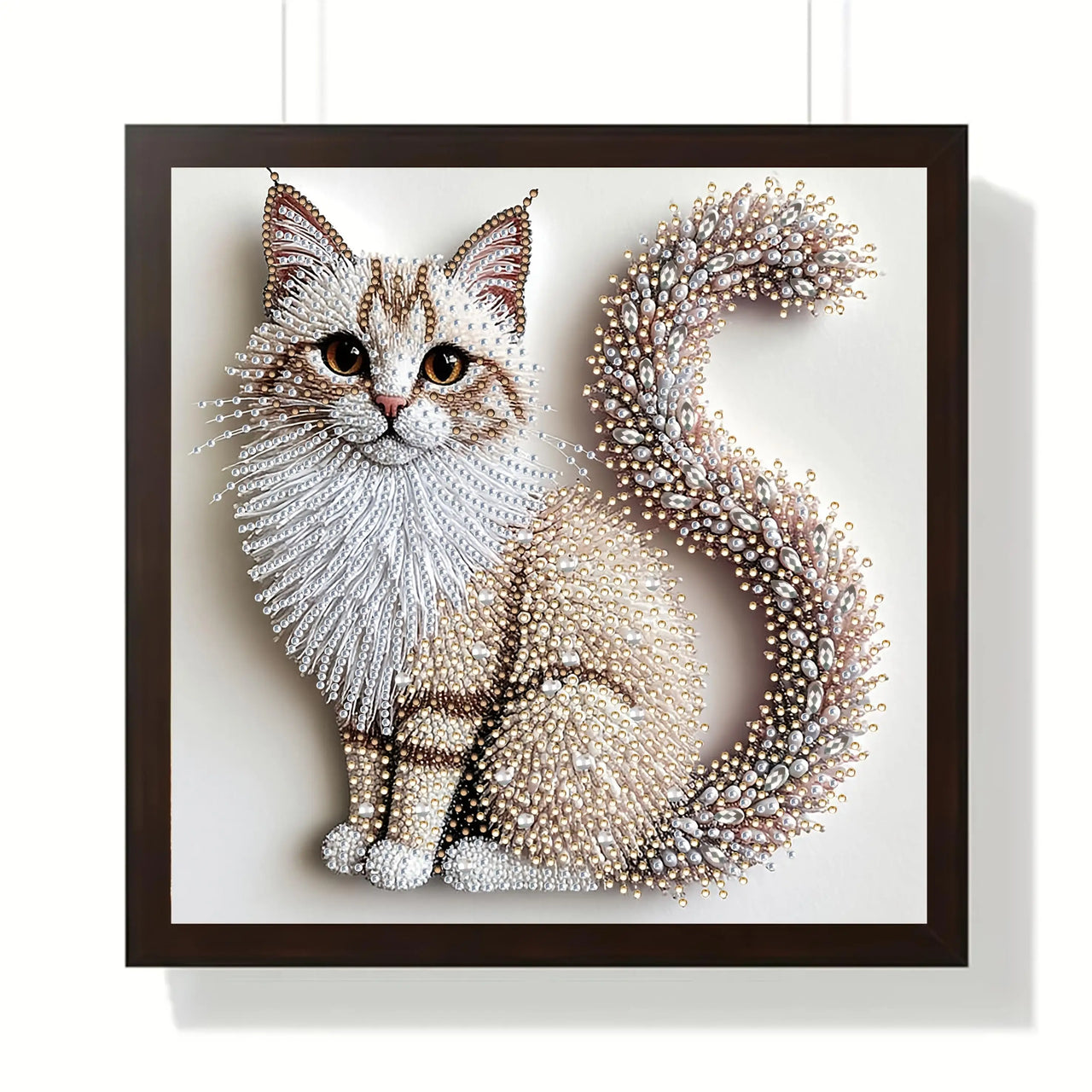 KittyNook Cat Co.'s DIY Crystal Cat Portrait Set features framed 3D bead art of a sitting cat with a fluffy, curled tail.