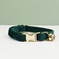 Thumbnail for KittyNook Cat Co. Velvet Cat Collar in dark green with gold buckle and bell, for a soft, stylish fit.