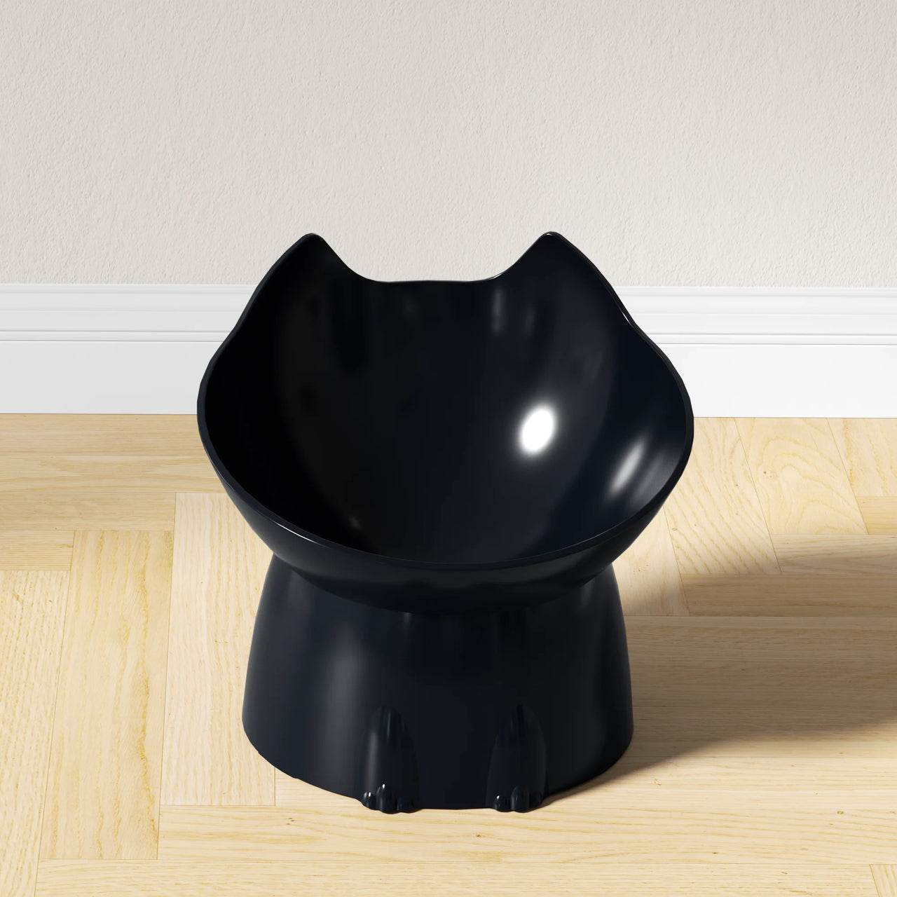 The Orthopedic Raised Cat Feeder by KittyNook Cat Co. sits on a light wood floor against a white wall.