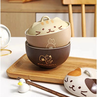Thumbnail for KittyNook Cat Co. Cute Cartoon Cat Soup Bowls with lids on a tray, plus chopsticks and bird-shaped rest.