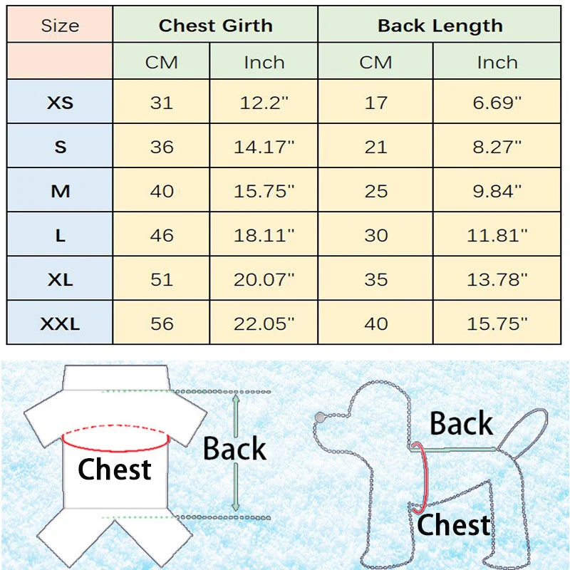 KittyNook Cat Co. Cozy Fluff Cat Sweater size chart with chest girth, back length, and measuring guide.