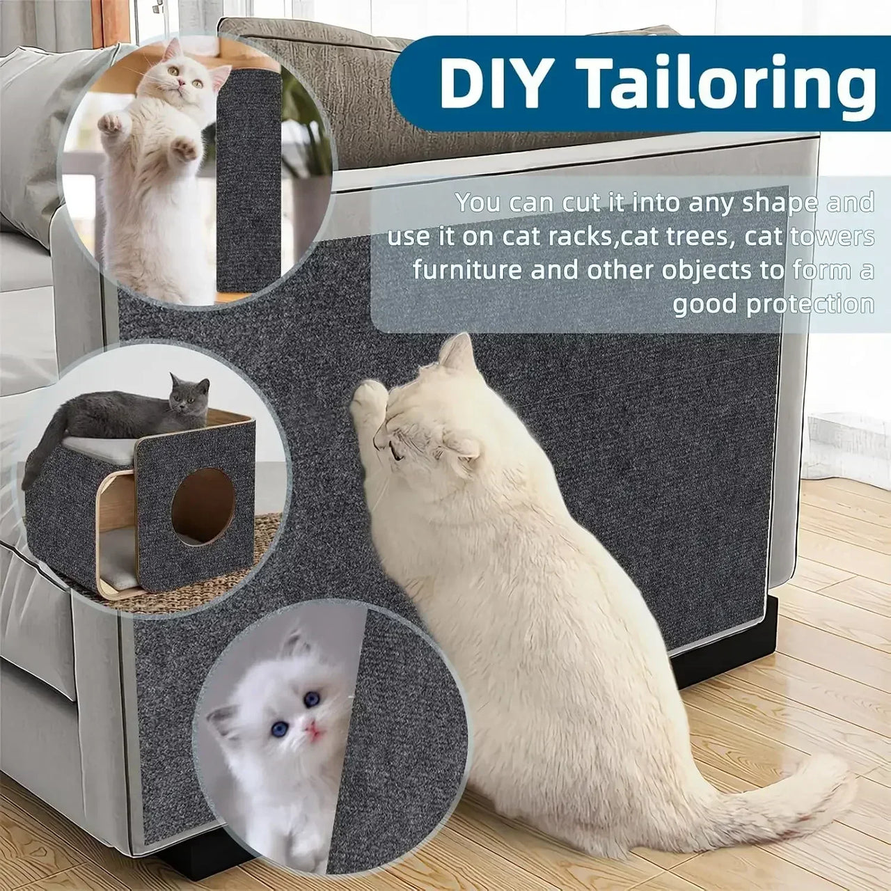 A white cat scratches the KittyNook Cat Co. Self-Adhesive Cat Scratching Board, shown as a furniture protector.