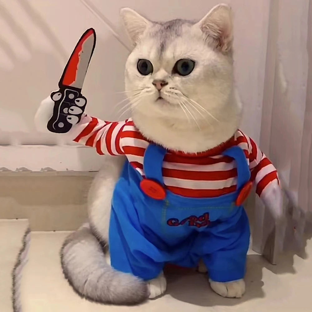 KittyNook Cat Co. Halloween Cosplay Costumes Kitten Jumpsuits: fun red-striped shirt, blue overalls & knife for your cat!.