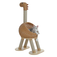 Thumbnail for Gray and white cat on KittyNook Cat Co.’s Dinosaur Cat Tree Tower with rattan condo and long-necked design.