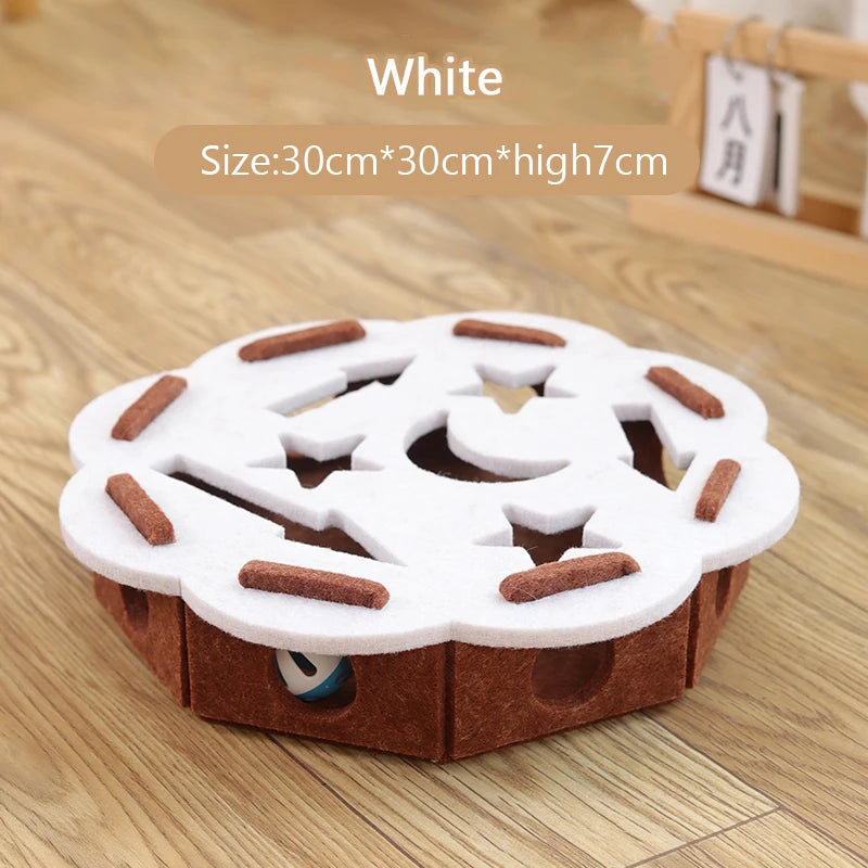 The Ultimate Puzzle Box Toy by KittyNook Cat Co., 30x30x7cm, white/brown with star and moon cutouts on wood floor.