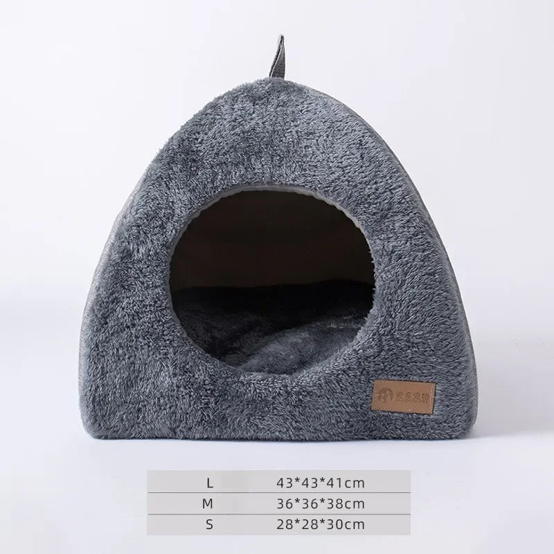 KittyNook Cat Co. Cozy Triangle Cat Cave Bed—gray, plush, triangular, round entrance; sizes in cm below.