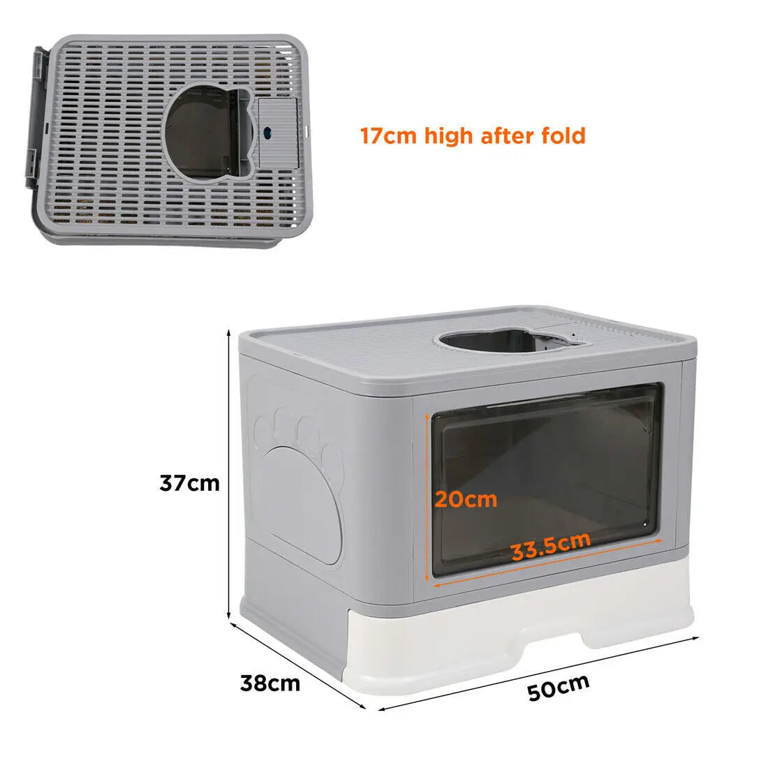 KittyNook Cat Co. Purrfect Foldable Litter Solution shown; dual-entry gray box with top/front dimensions in cm.