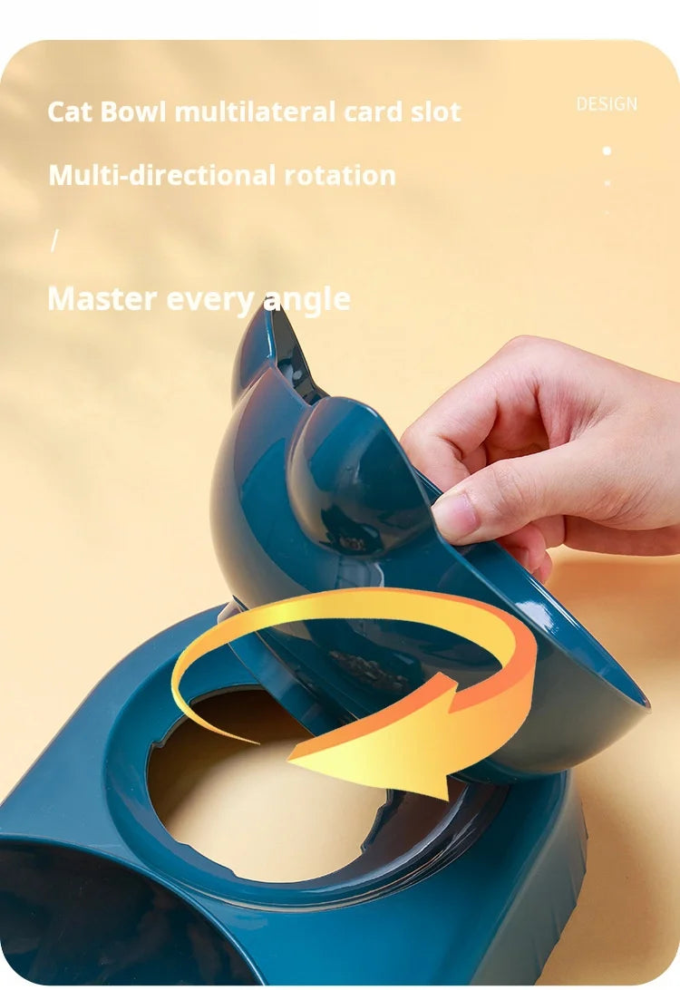 Hand rotating a blue bowl in the KittyNook Cat Co. Cute 3 In 1 Cats Bowls With Water Feeder, adjustable card slot design.