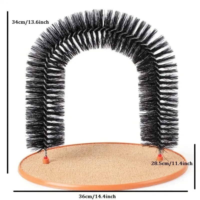 KittyNook Cat Co. 3-in-1 Cat Self-Grooming Arch Toy with black bristles and measurements in cm & inches for fur removal.