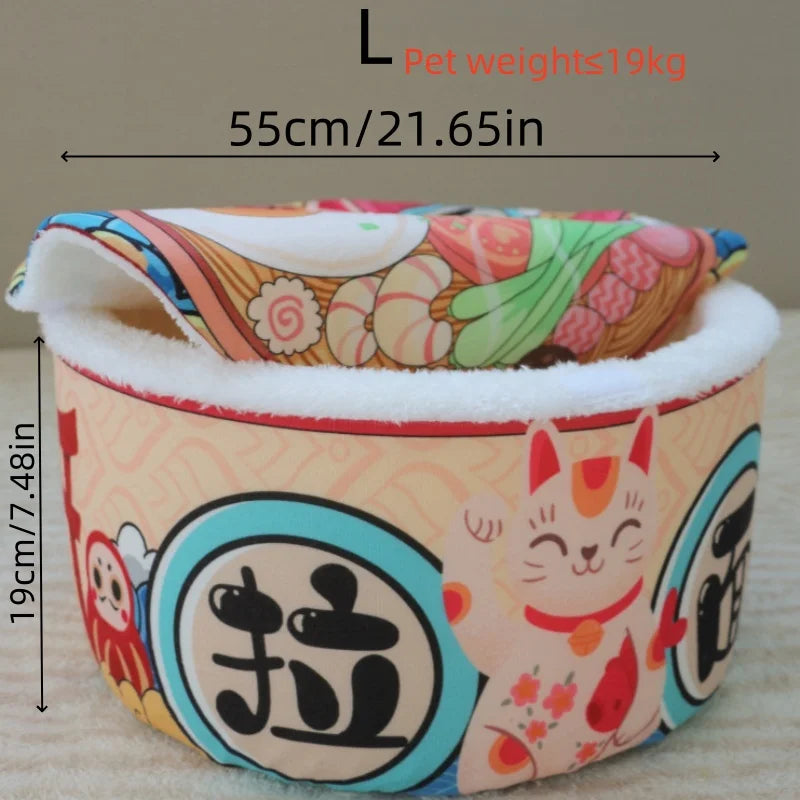 KittyNook Cat Co. Giant Ramen Bowl Cat Bed, 55cm x 19cm, for pets up to 19kg, features a colorful lucky cat design.