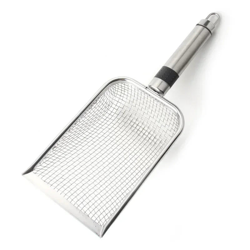 The KittyNook Cat Co. Premium Metal Cat Litter Scoop features a long handle and sturdy, flat-bottomed design.
