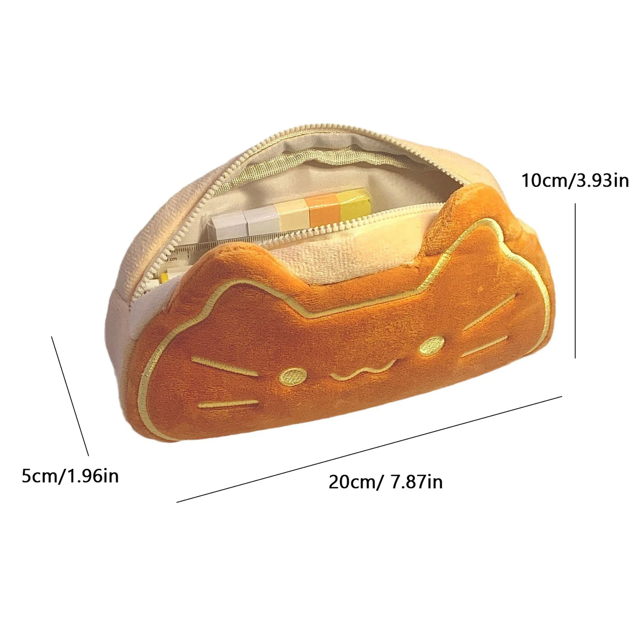 KittyNook Cat Co. Caramel Cat Plush Pencil Case with zipper, 20x10x5cm, holds pens and more.