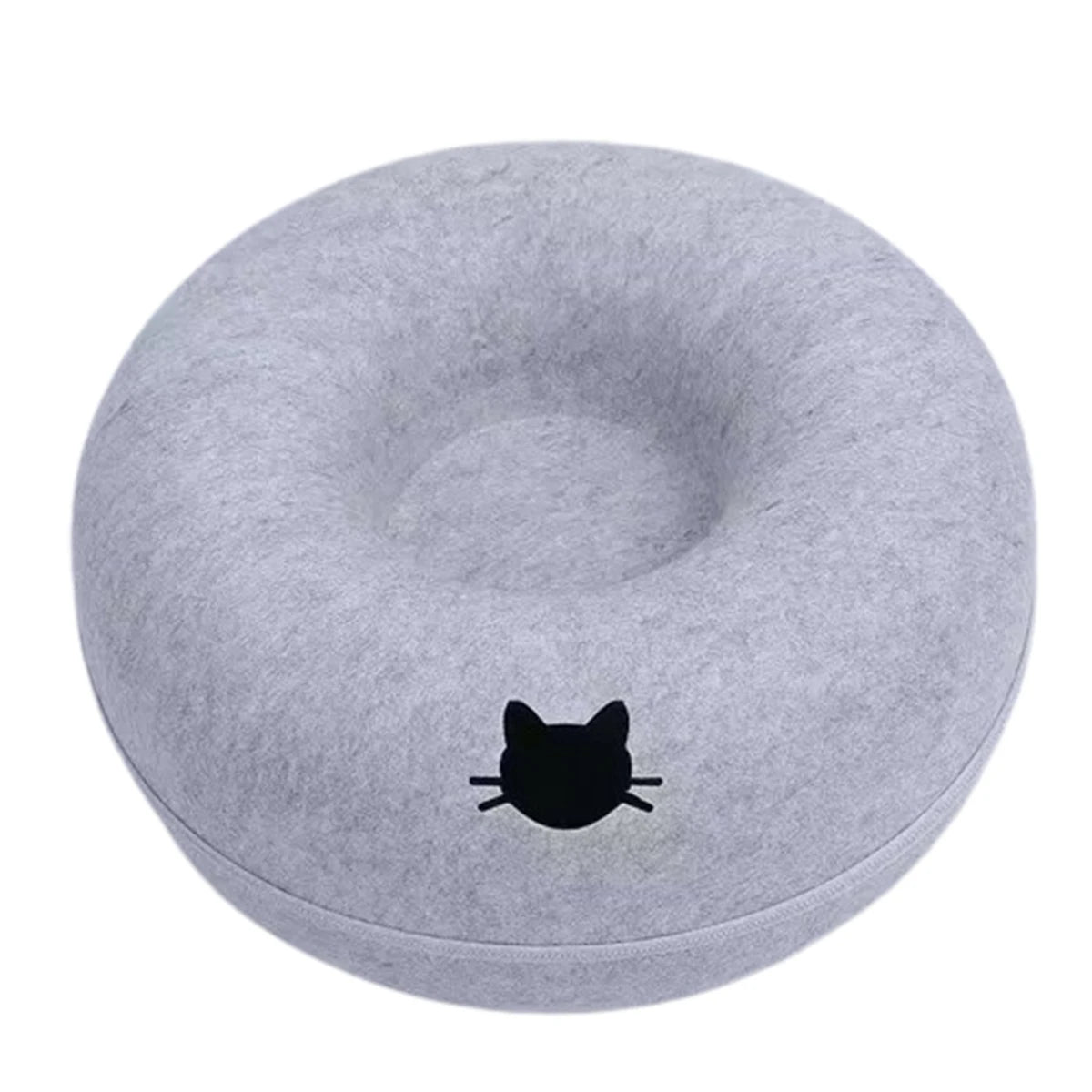 The Orbital Lounge & Play Tunnel Bed by KittyNook Cat Co.—a modern, stylish round cushion with cat-head design.