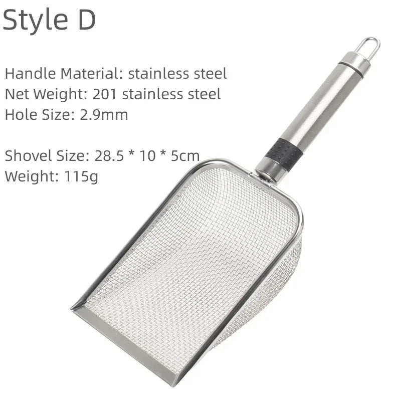 KittyNook Cat Co. Premium Metal Cat Litter Scoop with long handle and mesh net shown on a white background.