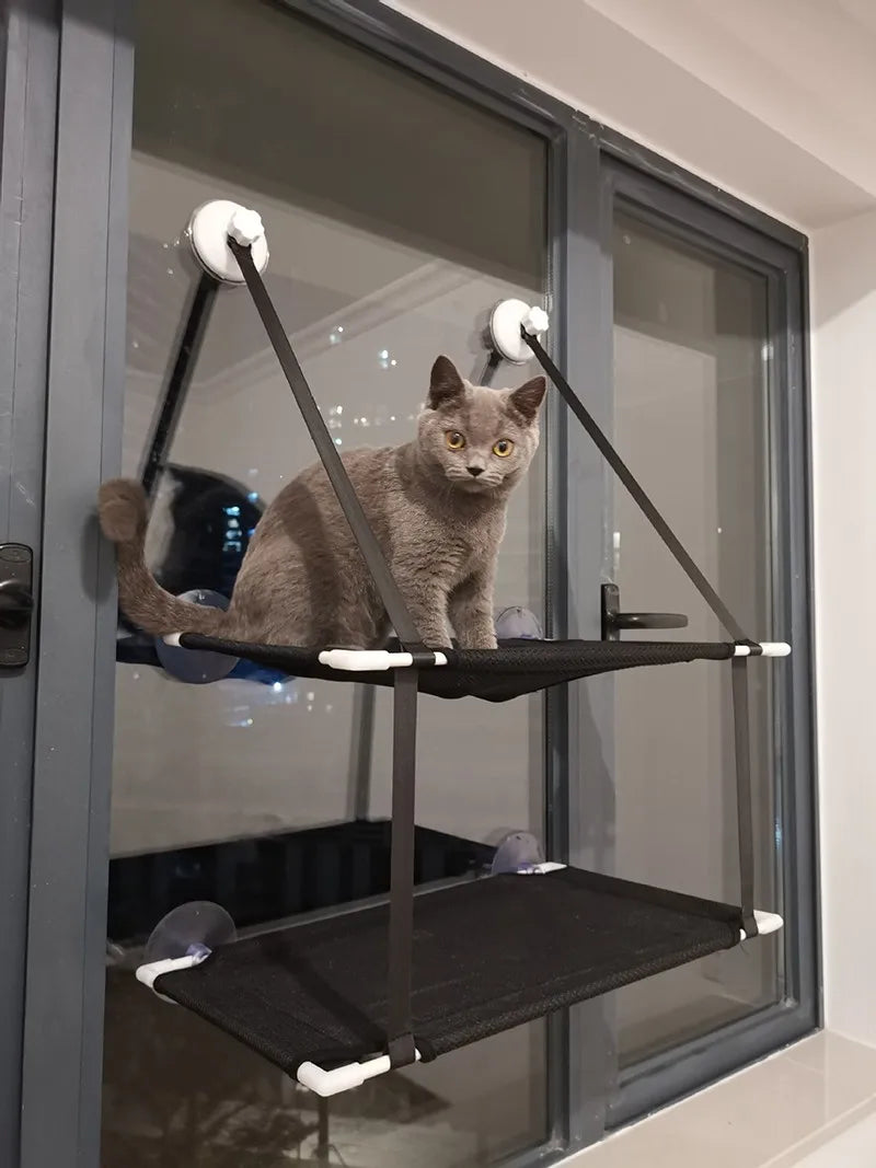 Gray cat on a KittyNook Cat Co. Space-Saving Double Hanging Pet Bed, looking at the camera.