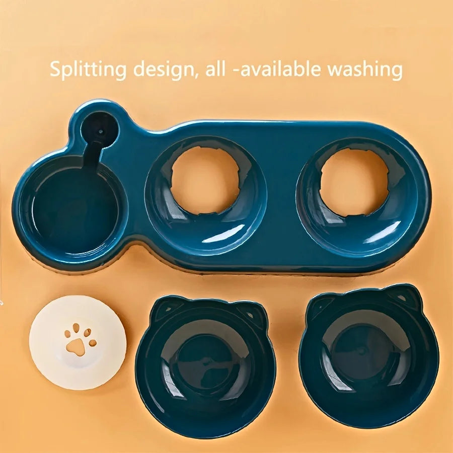 KittyNook Cat Co. Cute 3 In 1 Cats Bowls With Water Feeder—splitting design, easy to wash all parts.