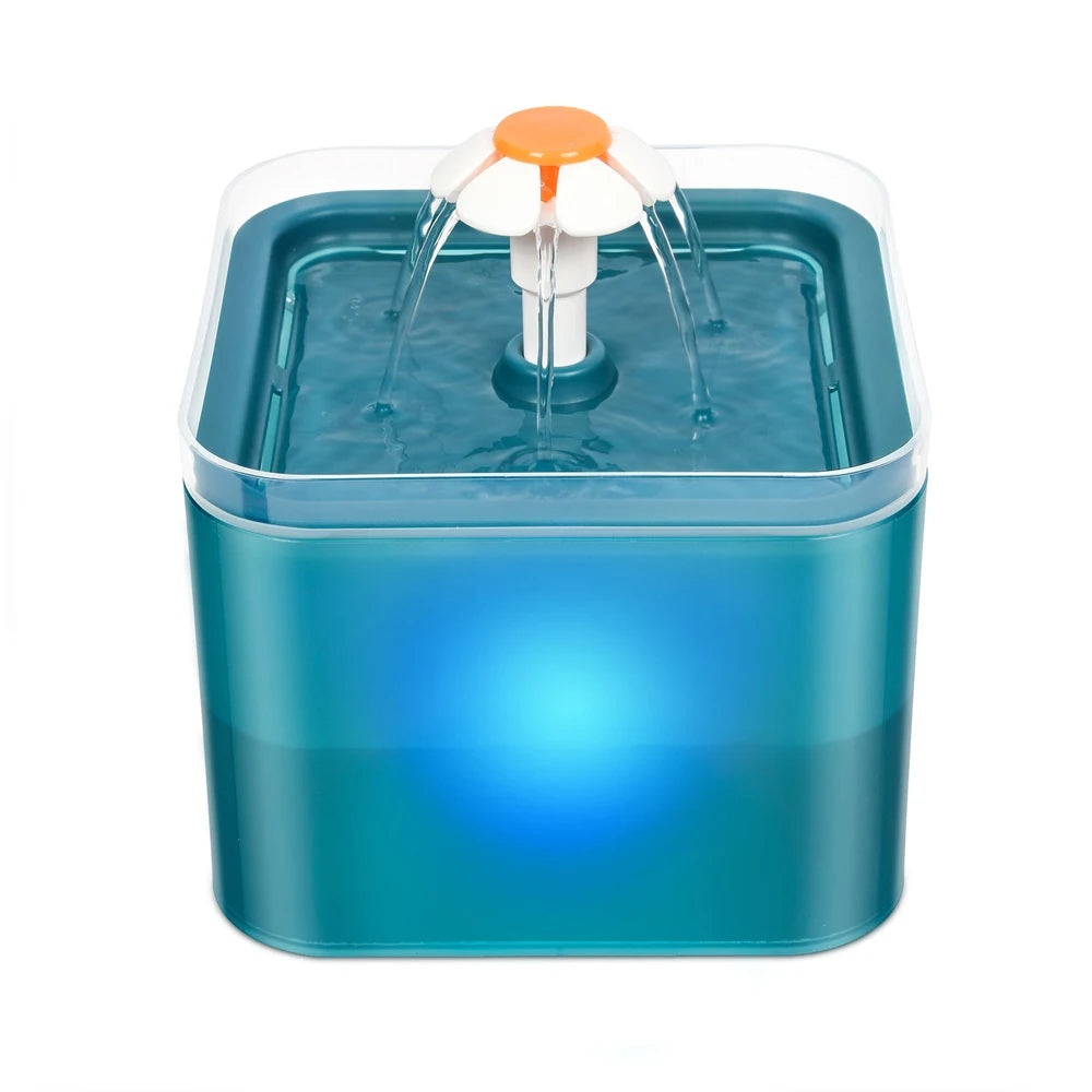 KittyNook Cat Co. LED Automatic Pet Water Dispenser with Filter and white flower spout for circulating water.