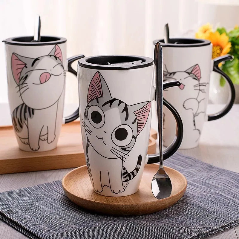 Three KittyNook Cat Co. 600ml Funny Kitty Gift Mugs with lids & spoons—cute cat gift idea, arranged on a tray.