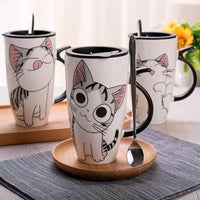 Thumbnail for Three KittyNook Cat Co. 600ml Funny Kitty Gift Mugs with lids & spoons—cute cat gift idea, arranged on a tray.