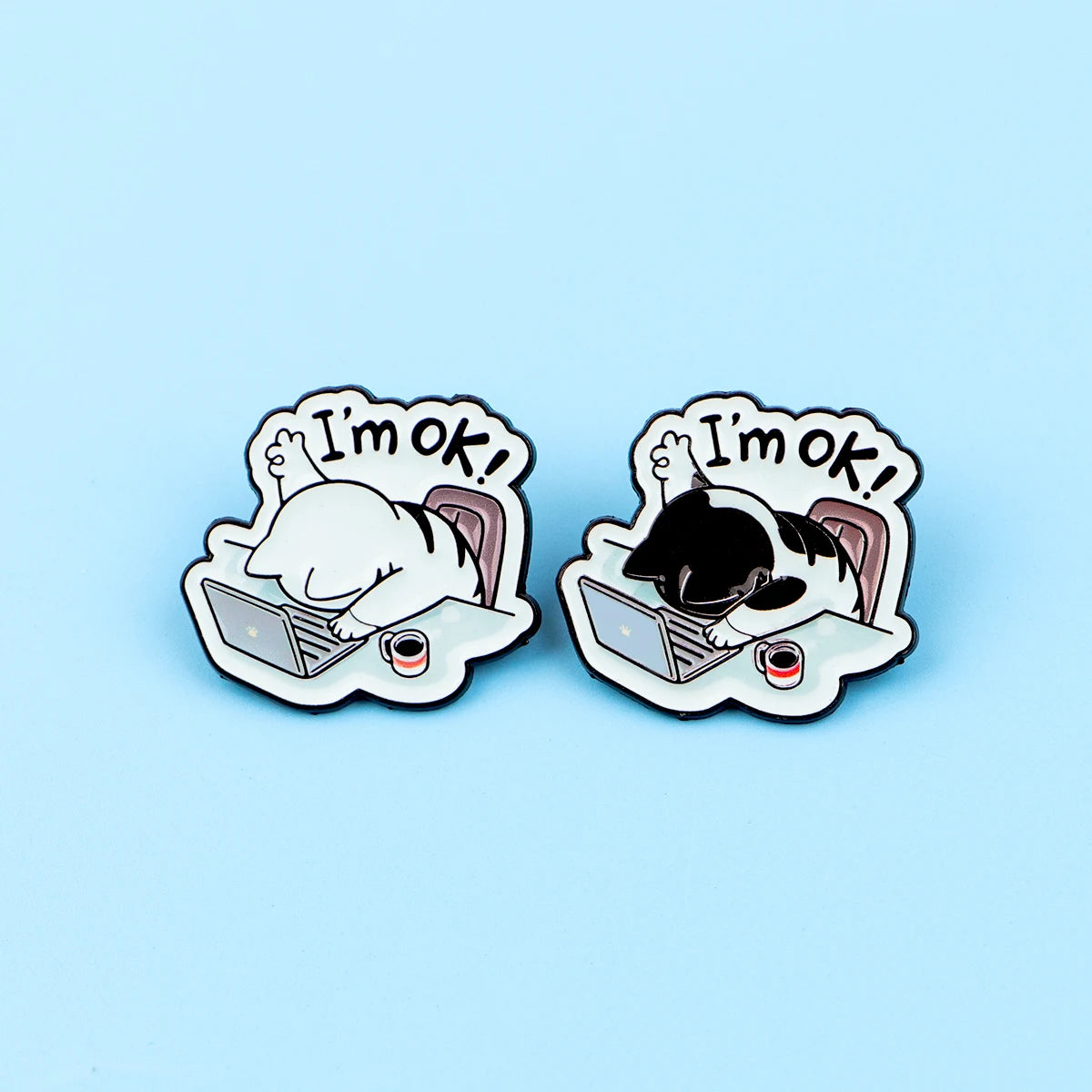 Two enamel pins of tired dogs at laptops—fun office picks to pair with KittyNook Cat Co.’s Cat at Work Enamel Brooch Pin!.