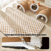 Thumbnail for KittyNook Cat Co. Winter Warm Plush Tunnel Cat Bed in brown and white, features a zipper for easy cleaning.