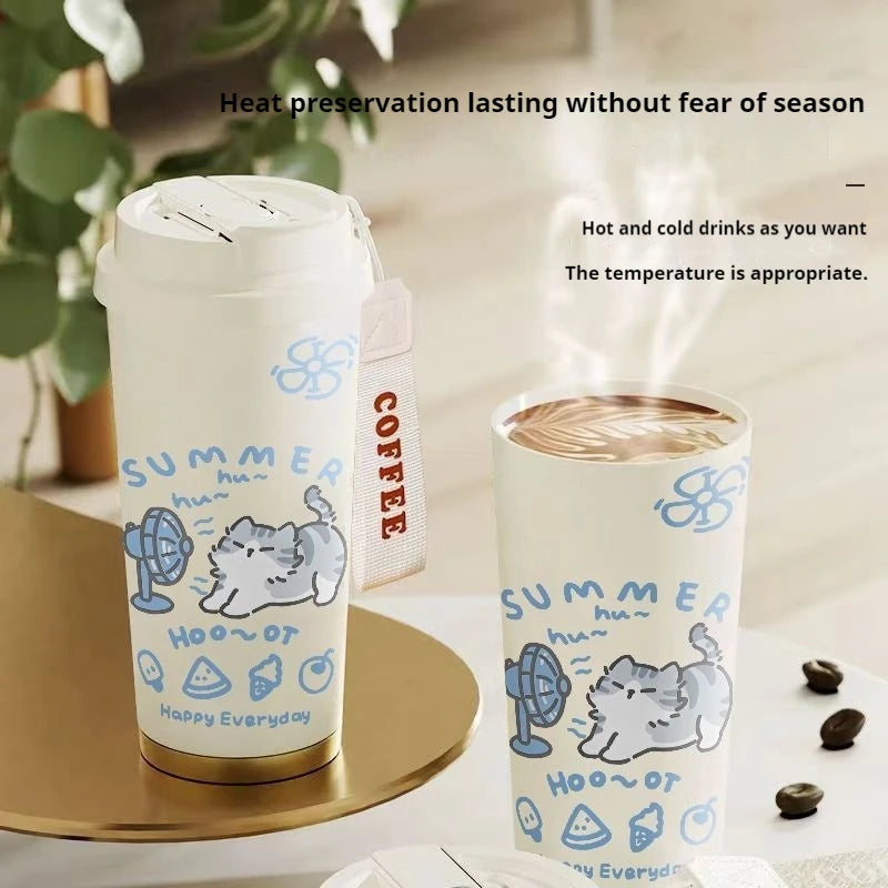 Two Cartoon Kitty Stainless Steel Travel Cups by KittyNook Cat Co.—stylish, insulated heat-preserving travel essentials!.
