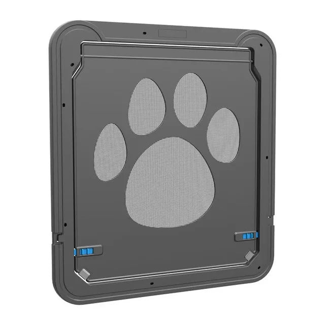 KittyNook Cat Co. Magnetic Lockable Pet Screen Door: gray, mesh, with large paw print design and secure latch.
