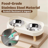 Thumbnail for Dopamine DuoLift by KittyNook Cat Co.: Dual stainless bowls on a white raised feeder; inset shows scratch-resistant test.