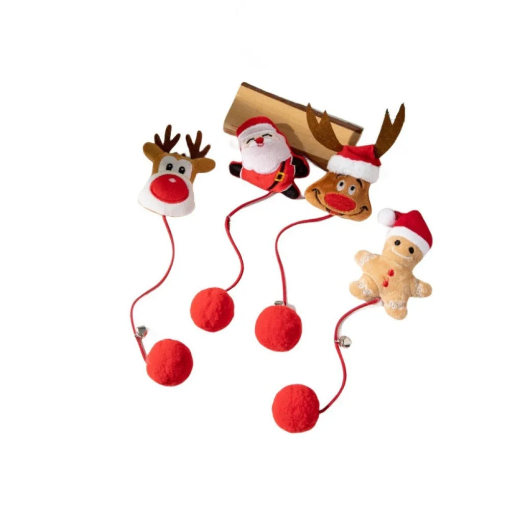 KittyNook Cat Co. Holiday Paws Christmas Elements Cat Toys feature Santa, reindeer & gingerbread with bells and red pom-poms.