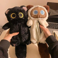 Thumbnail for Two Kawaii Big-Eyed Cat Plush Pencil Cases by KittyNook Cat Co. (black & white) show spacious interiors and stationery.