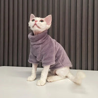 Thumbnail for A hairless kitten in a KittyNook Cat Co. warm winter hoodie sits on a table against a striped gray background.