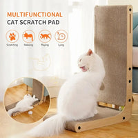 Thumbnail for Fluffy white cat on KittyNook Cat Co. Durable L-Shape Cardboard Scratching Post; ideal for scratching and lounging.