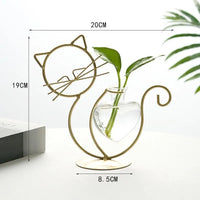 Thumbnail for KittyNook Cat Co. Modern Cat Iron Hydroponic Decor: gold wire frame, glass vase, measurement labels included.