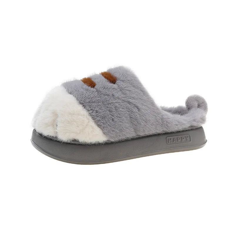 KittyNook Cat Co. Adorable Kitty Claw Slippers: gray/white plush paw slippers with "HAPPY" on the sole.