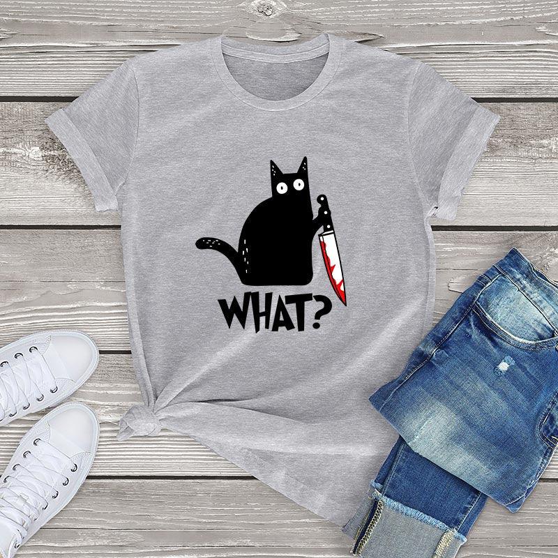 Black Cat What? Tee Shirts & Tops KittyNook Gray S 