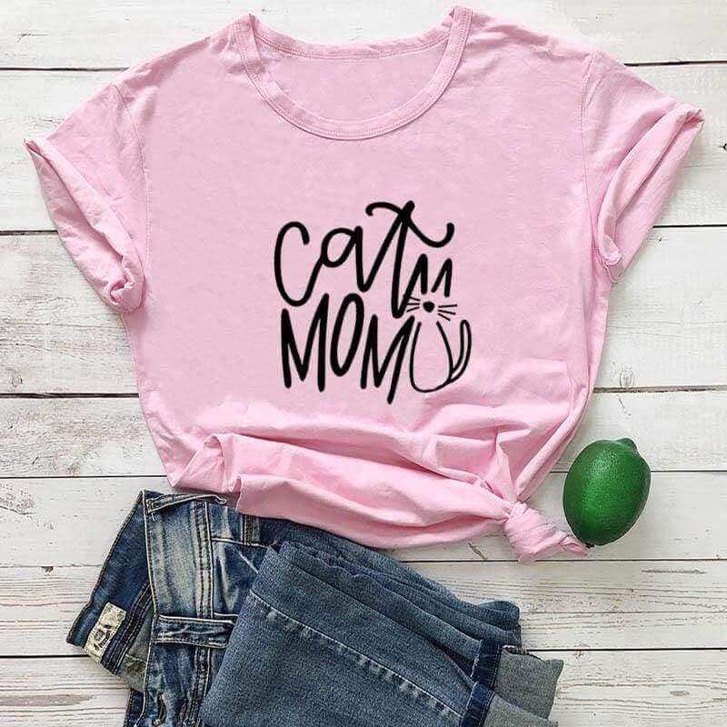 Cat Mom Printed Tee Shirts & Tops KittyNook Pink-Black Text S 