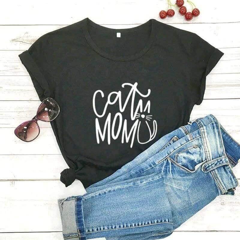 Cat Mom Printed Tee Shirts & Tops KittyNook Black-White Text S 