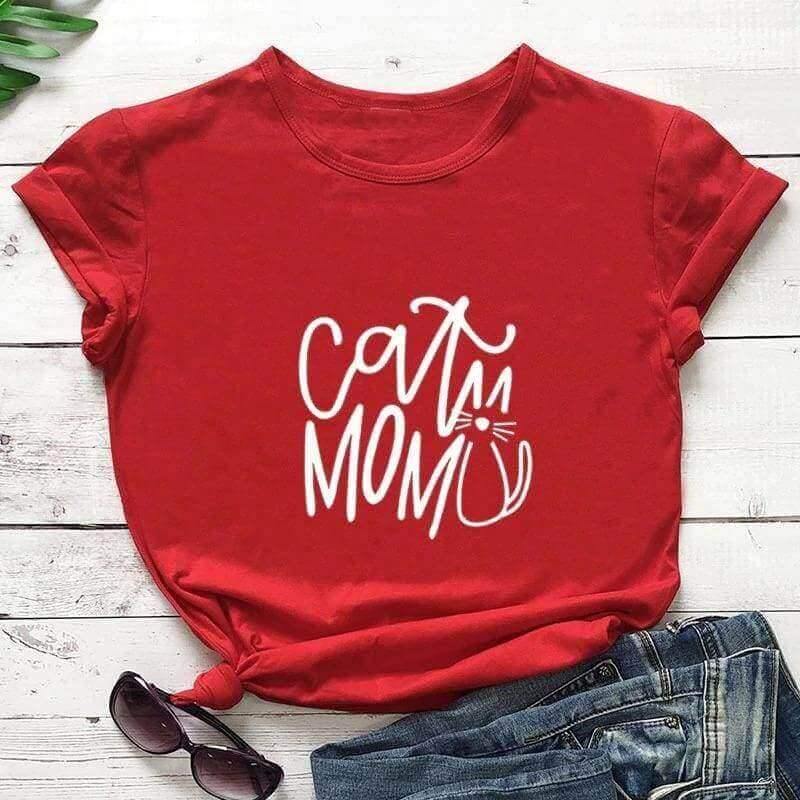 Cat Mom Printed Tee Shirts & Tops KittyNook Red-White Text S 