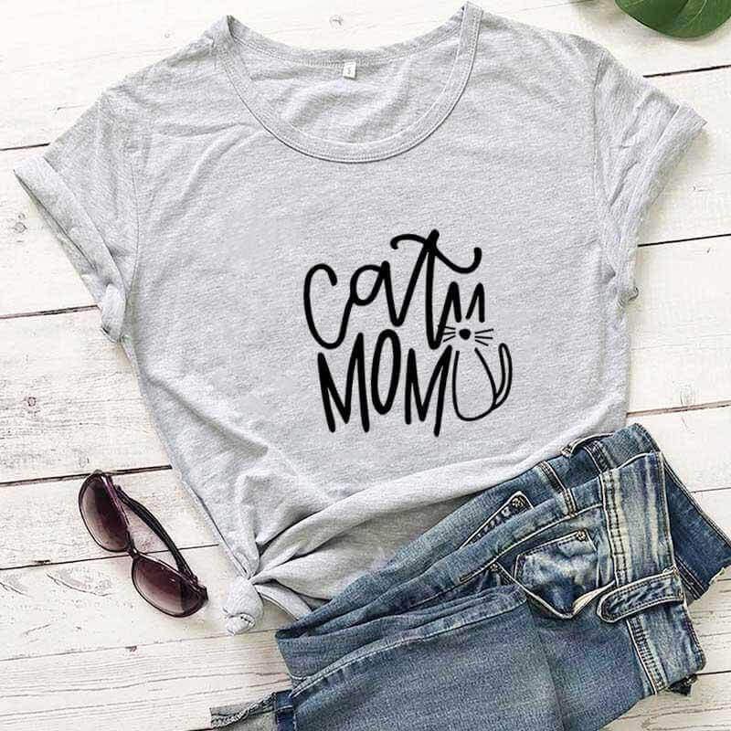 Cat Mom Printed Tee Shirts & Tops KittyNook Gray-Black Text S 