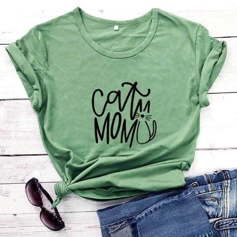 Cat Mom Printed Tee Shirts & Tops KittyNook Olive-Black Text S 