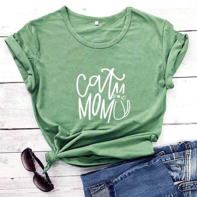 Cat Mom Printed Tee Shirts & Tops KittyNook Olive-White Text S 