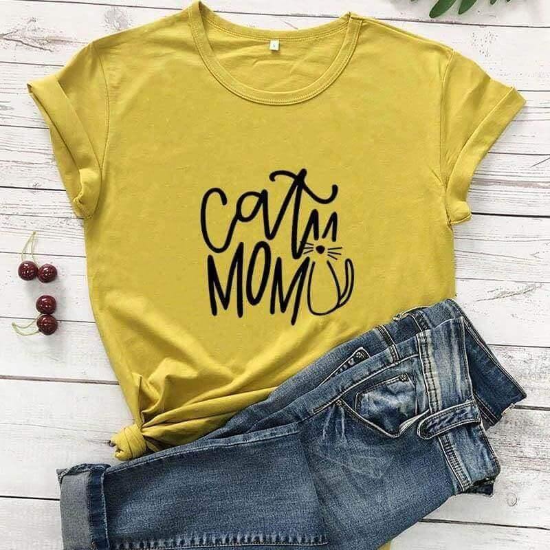 Cat Mom Printed Tee Shirts & Tops KittyNook Mustard-Black Text S 